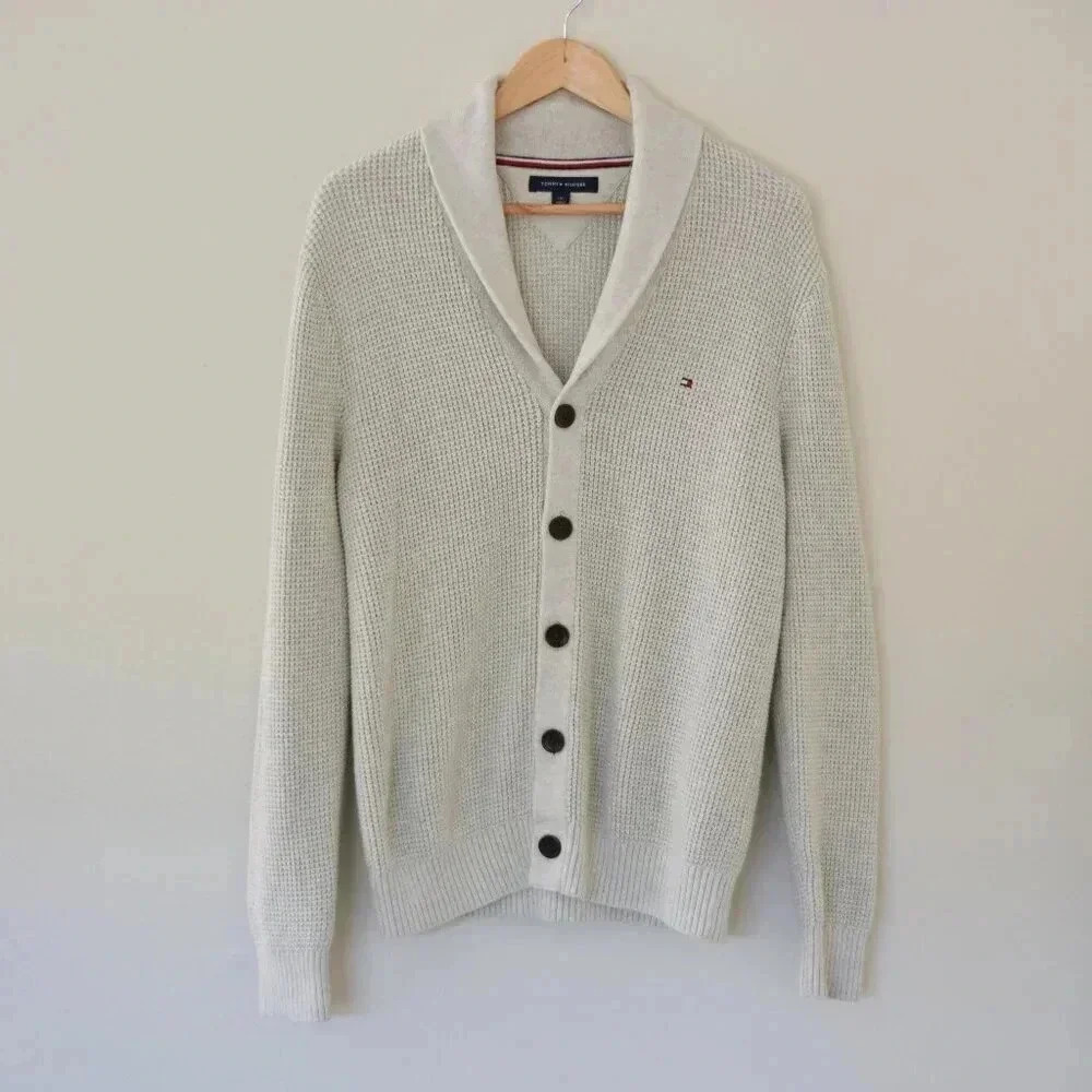 TOMMY HILFIGER Knitted Button Down Cardigan Sweater Cream Size Large